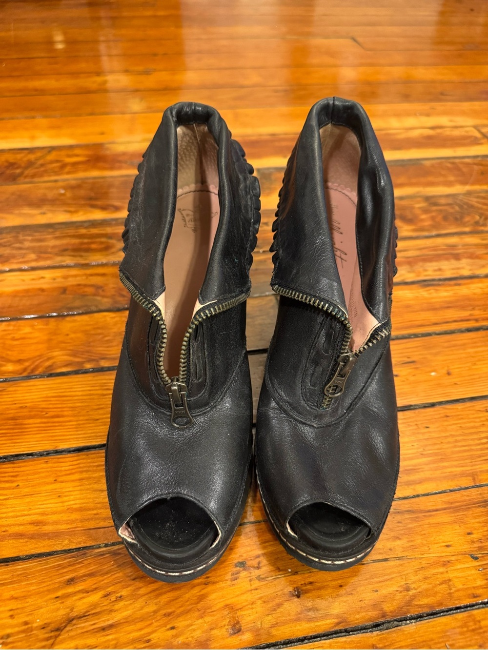 Miss Albright Black Leather Peep-Toe Zip Front Heels